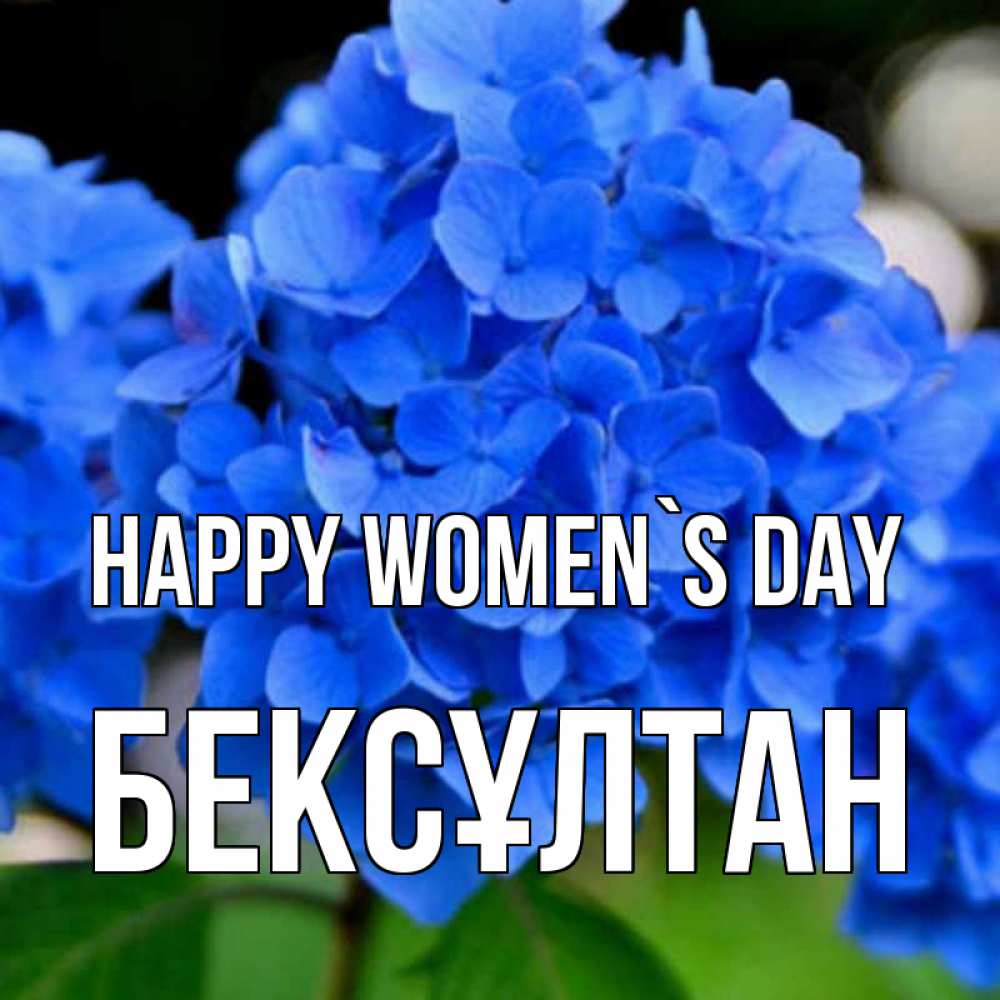 Greetings card с именем, Бексұлтан happy women`s day синие цветы Greetings with text for free download 